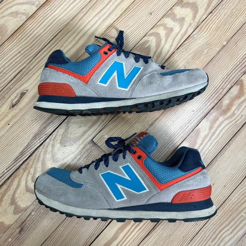 New Balance 574 Grey Blue Orange Suede Mesh Sneakers Mens 9 athletic casual shoe